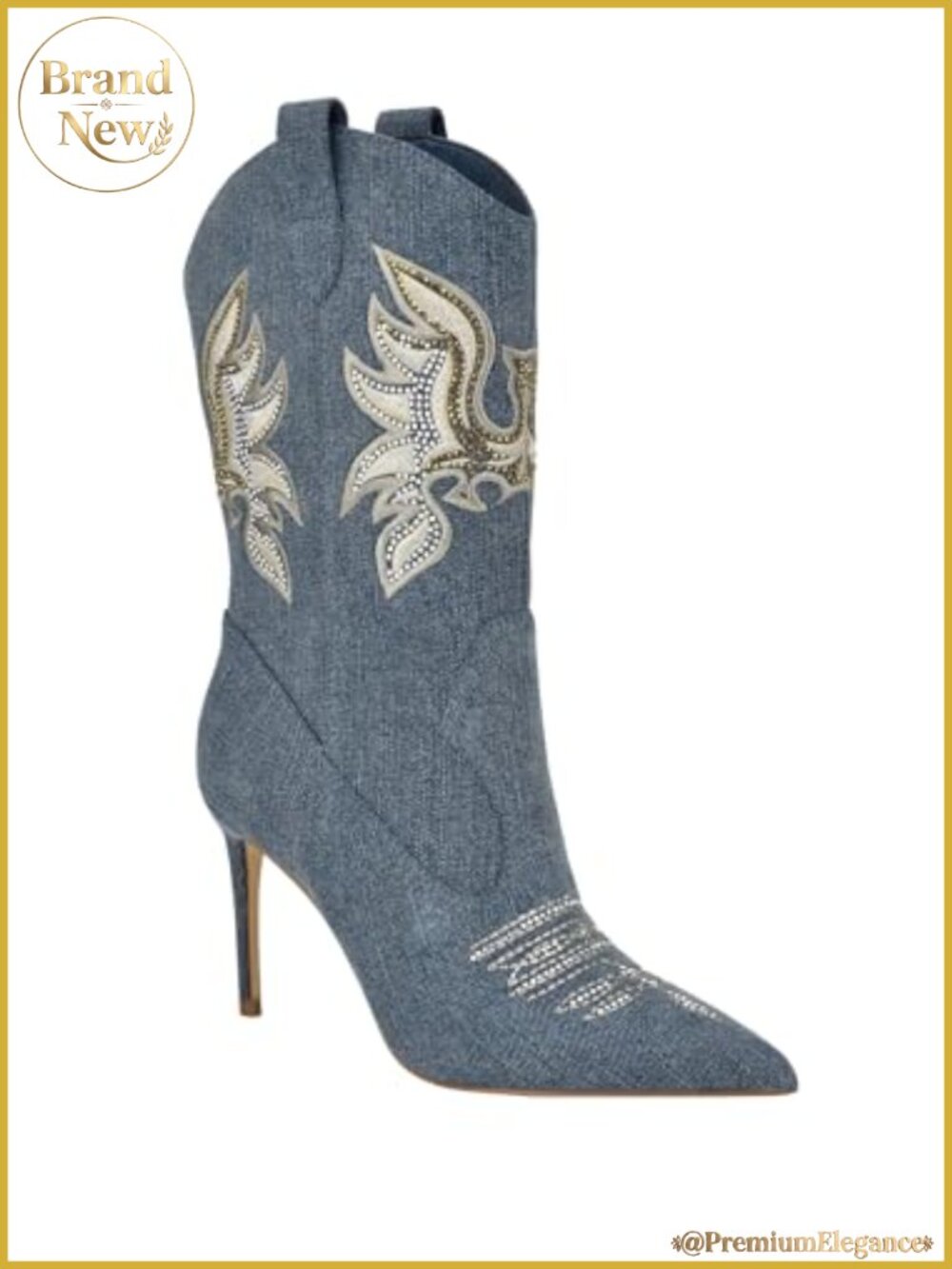 Denim Booties with Rhinestone Embroidered Western Detail Stiletto Heels